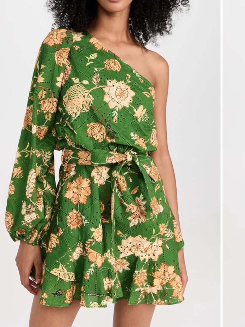 Green Floral One-Shoulder Tie-Waist Dress
